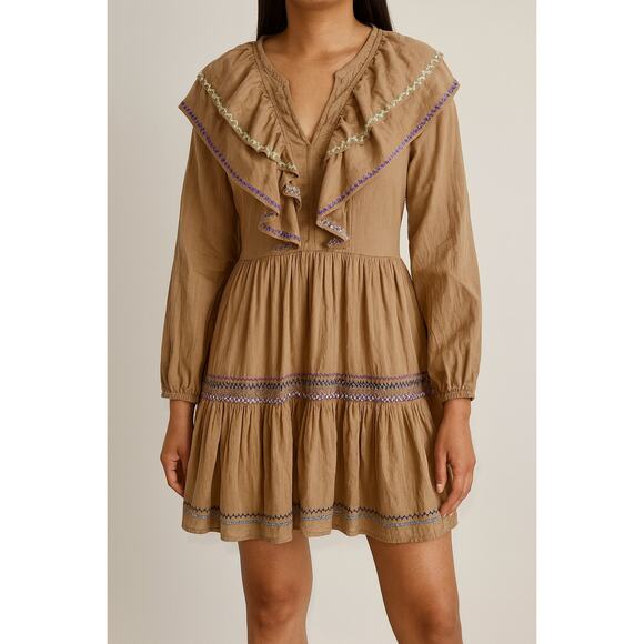 Something Navy Tan Embroidered Ruffle Long Sleeve Dress Size Small - Picture 1 of 9